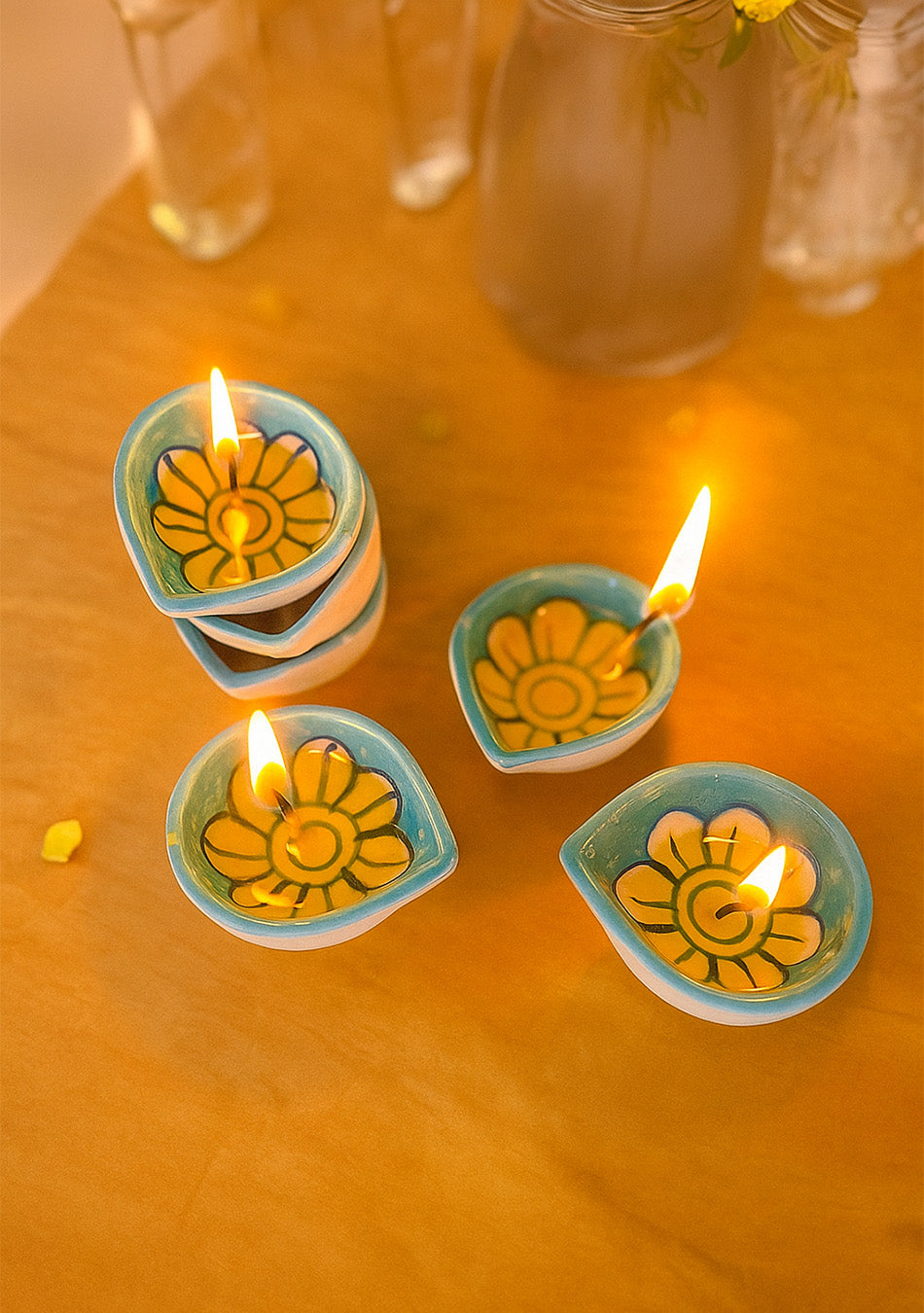 Blue Floral Diyas Set of 6