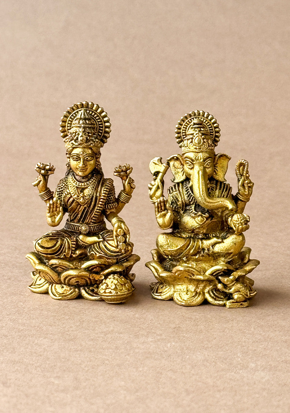 Antique Brass Lotus Base Lakshmi Ganesha Pair