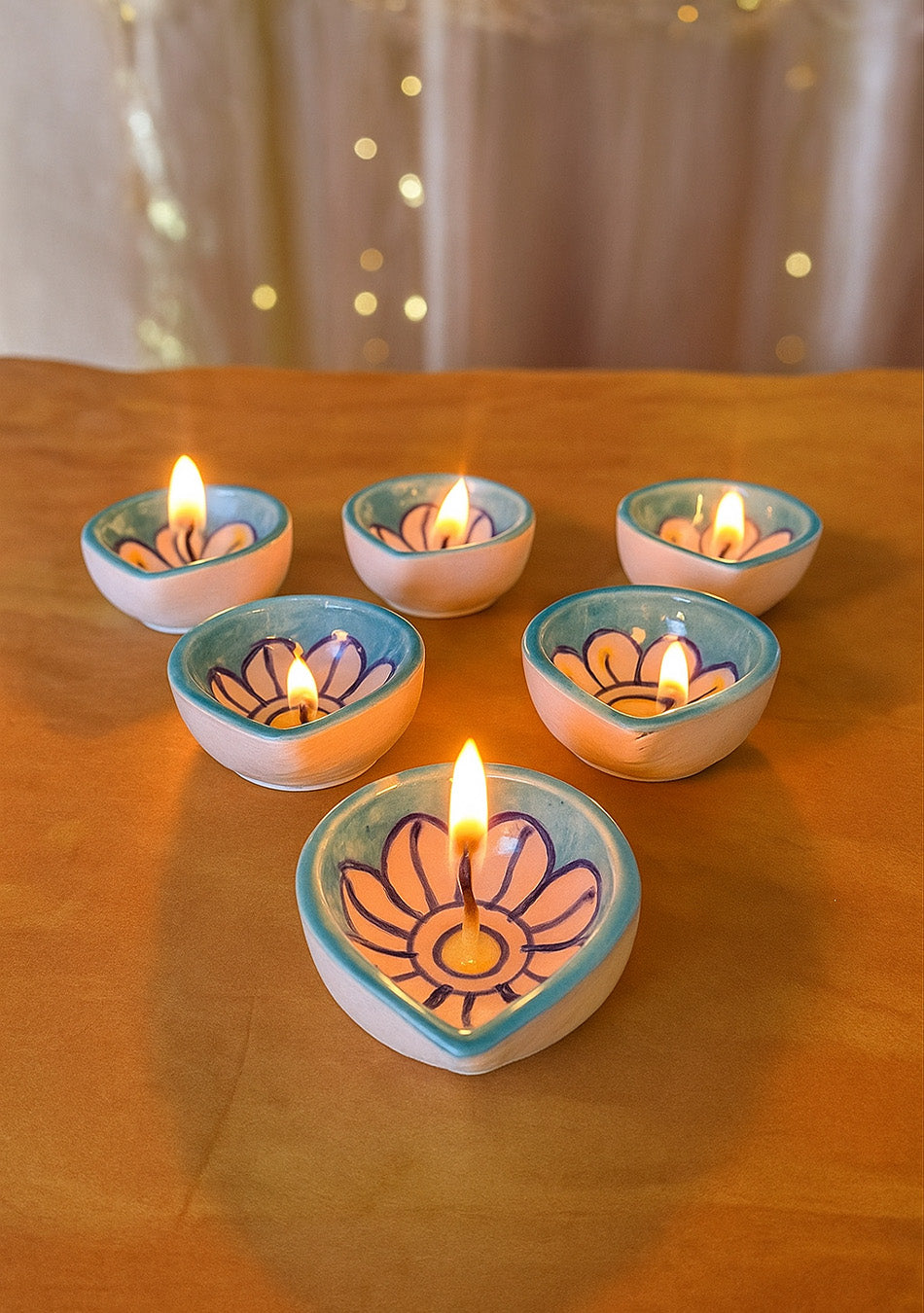 Blue Floral Diyas Set of 6