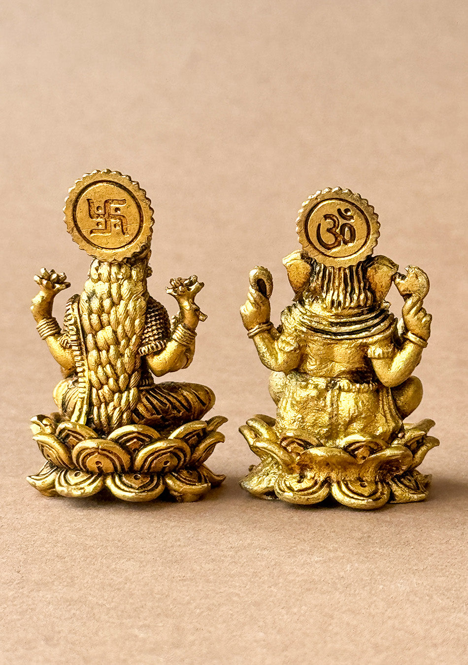 Antique Brass Lotus Base Lakshmi Ganesha Pair