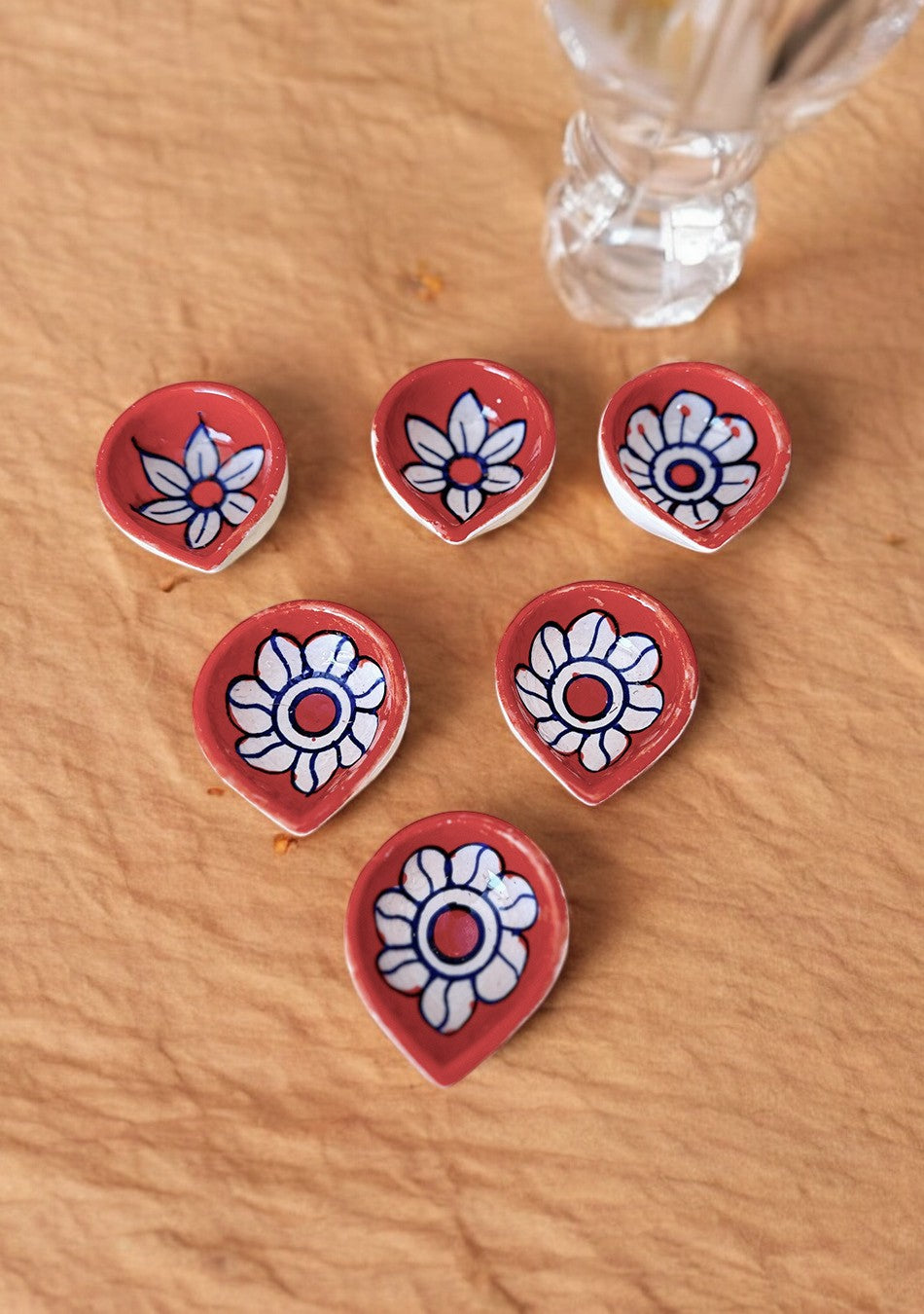 Orange Floral Diyas Set of 6