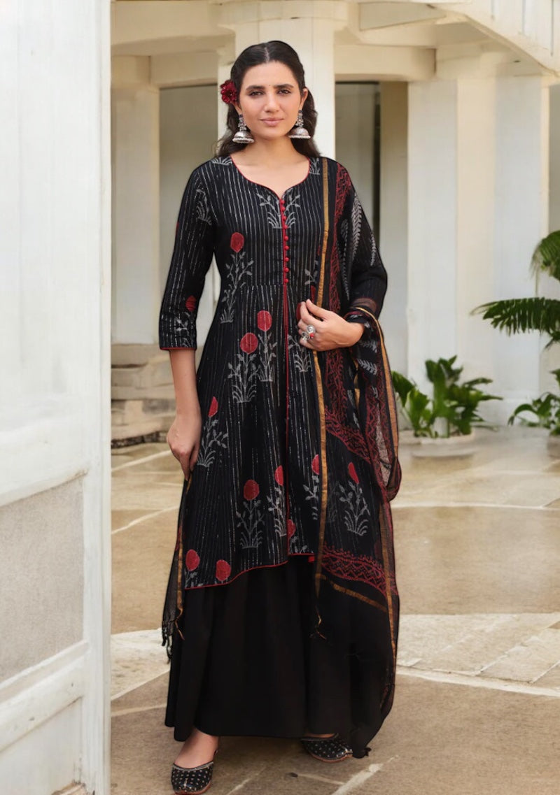 Ebony Bloom hand block Kurta Sharara Set
