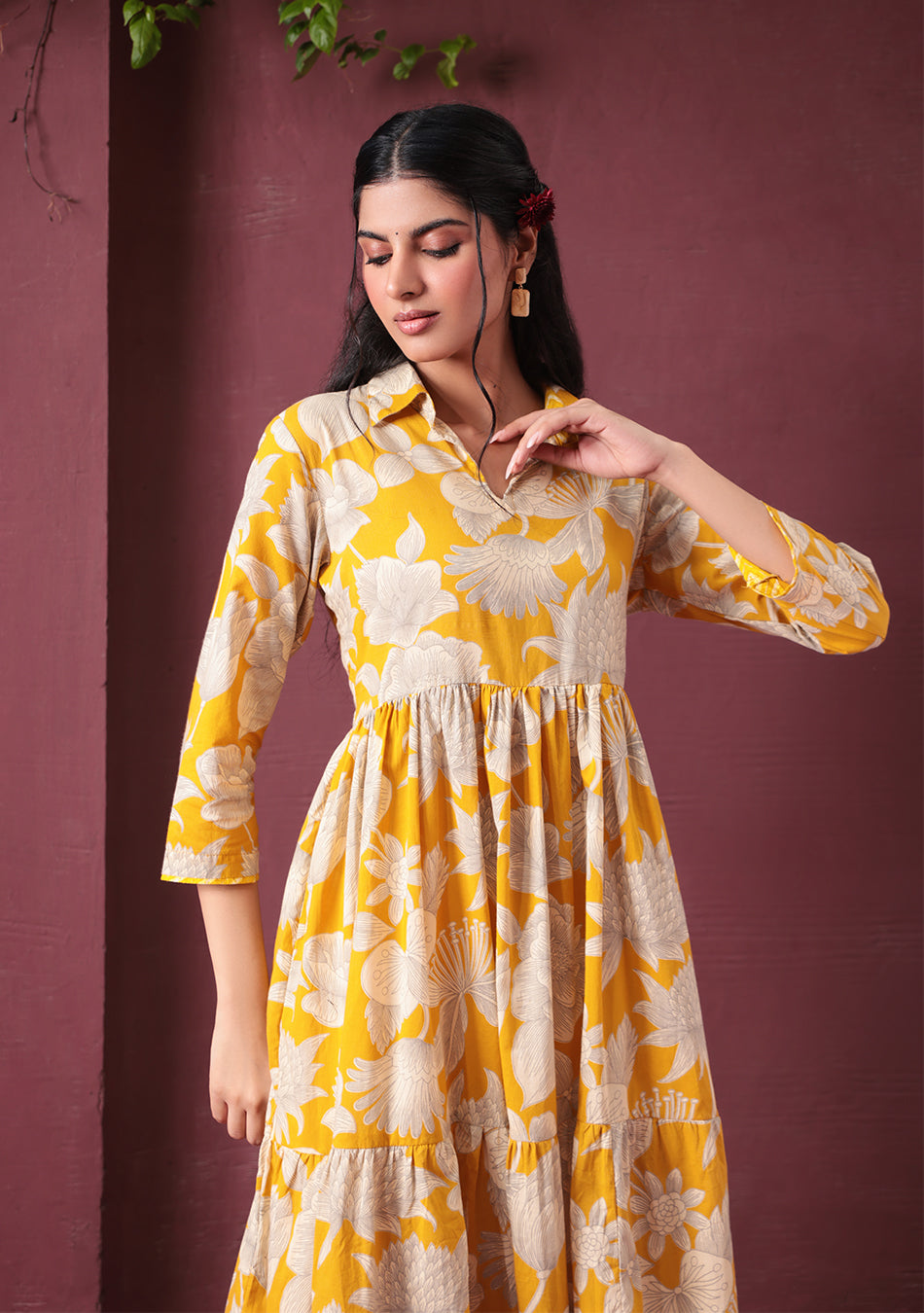 Yellow Botanical Tiered Dress