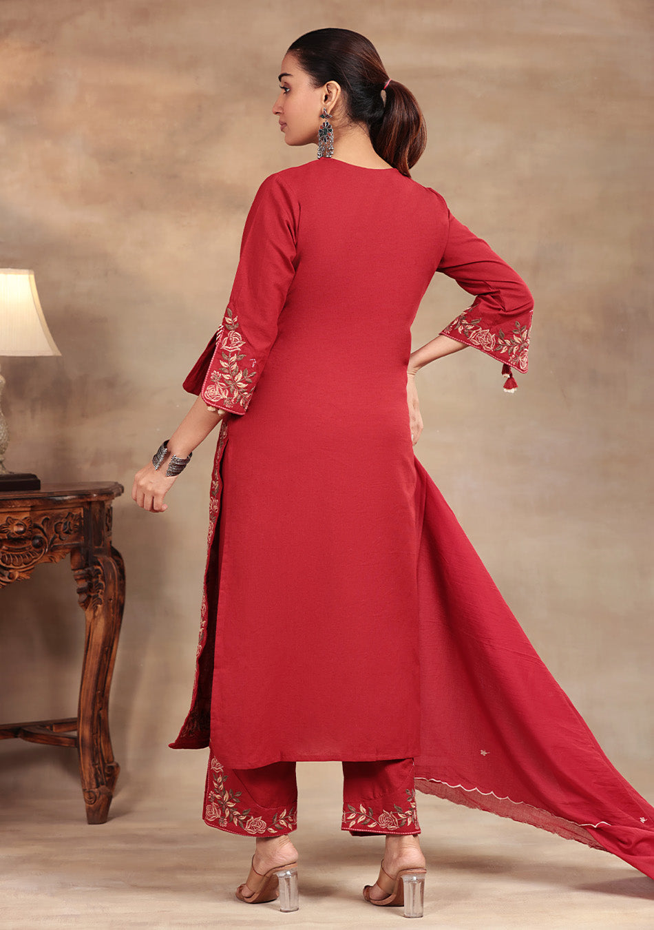 Crimson Rose Embroidered Suit Set