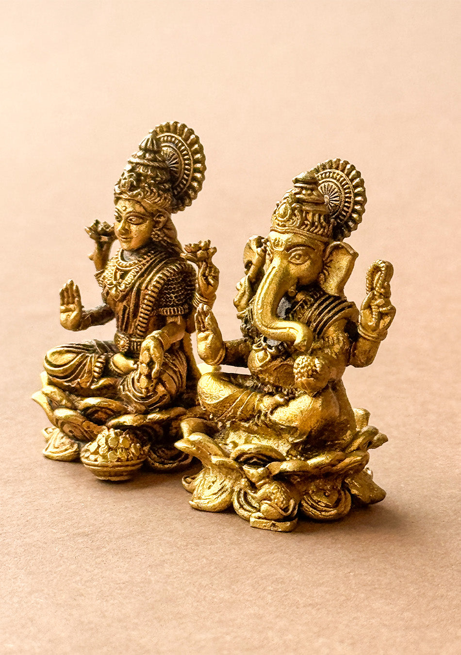 Antique Brass Lotus Base Lakshmi Ganesha Pair