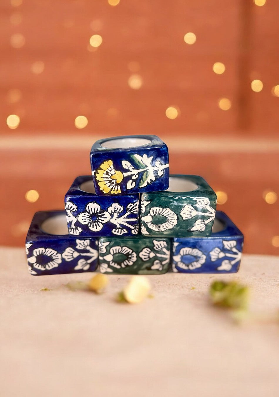 Blue/Green Handcrafter Floral Diya - Set of 6