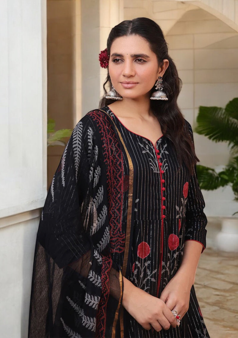 Ebony Bloom hand block Kurta Sharara Set