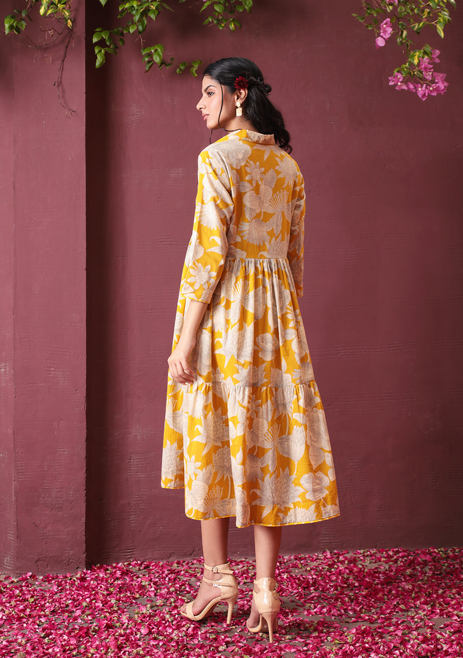 Yellow Botanical Tiered Dress