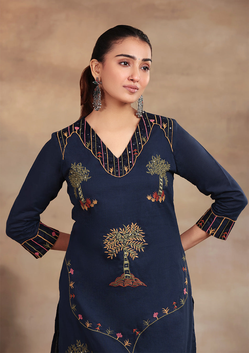 Navy Bloom embroidered suit set
