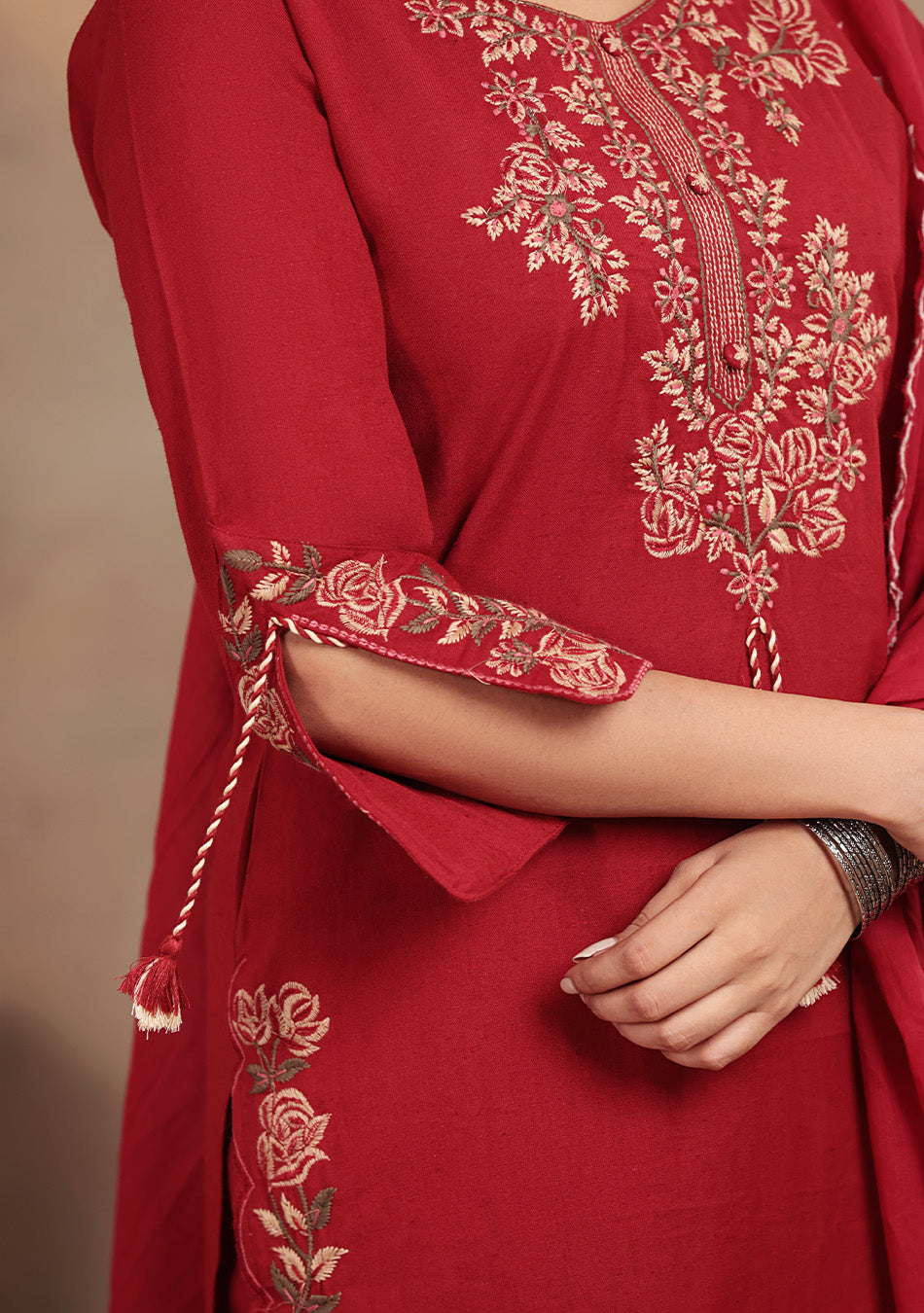 Crimson Rose Embroidered Suit Set