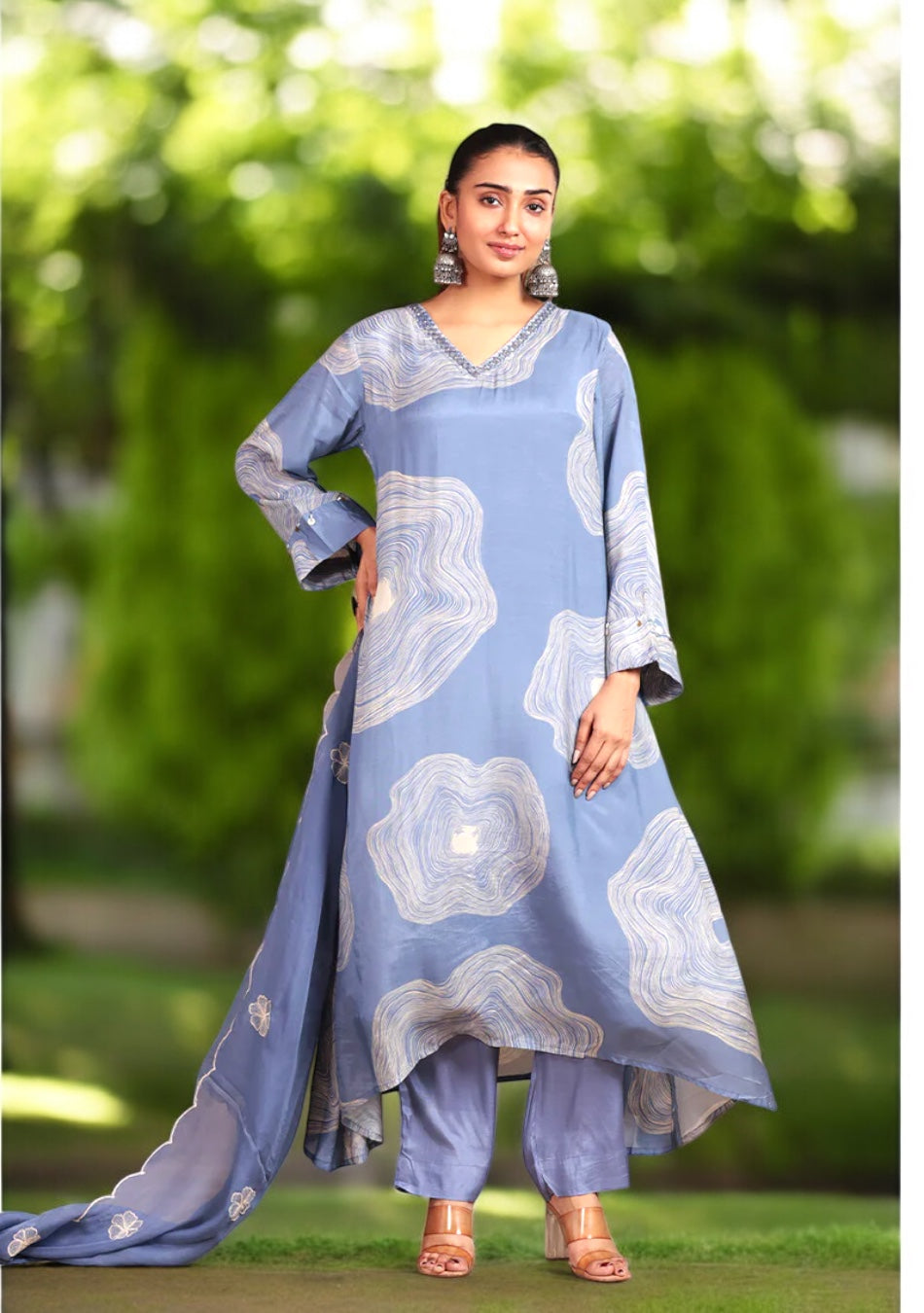 Dusty Blue Abstract print Suit Set