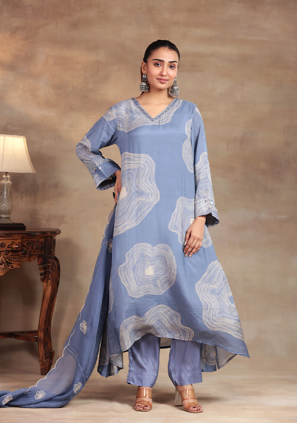 Dusty Blue Abstract print Suit Set