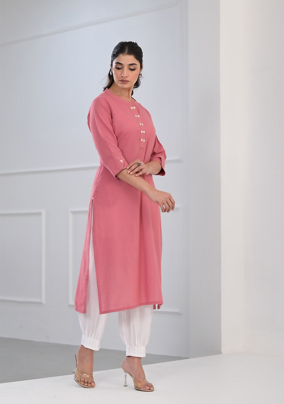 Pink Solid Cotton Kurta