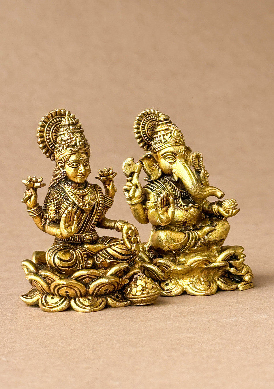 Antique Brass Lotus Base Lakshmi Ganesha Pair