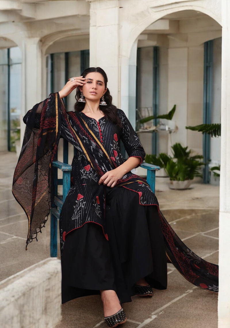 Ebony Bloom hand block Kurta Sharara Set