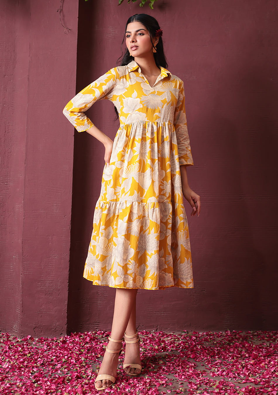 Yellow Botanical Tiered Dress