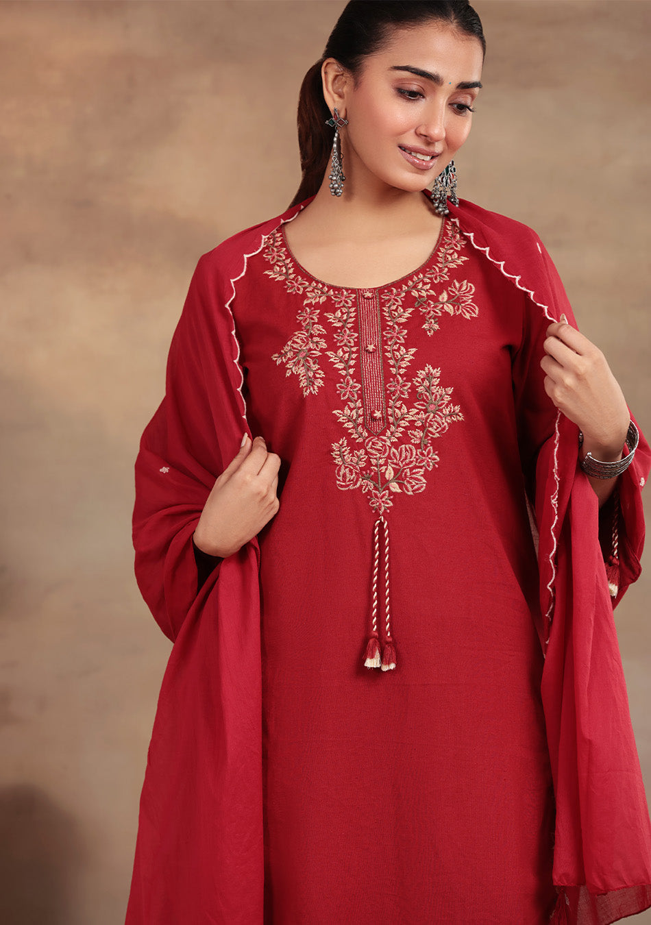 Crimson Rose Embroidered Suit Set