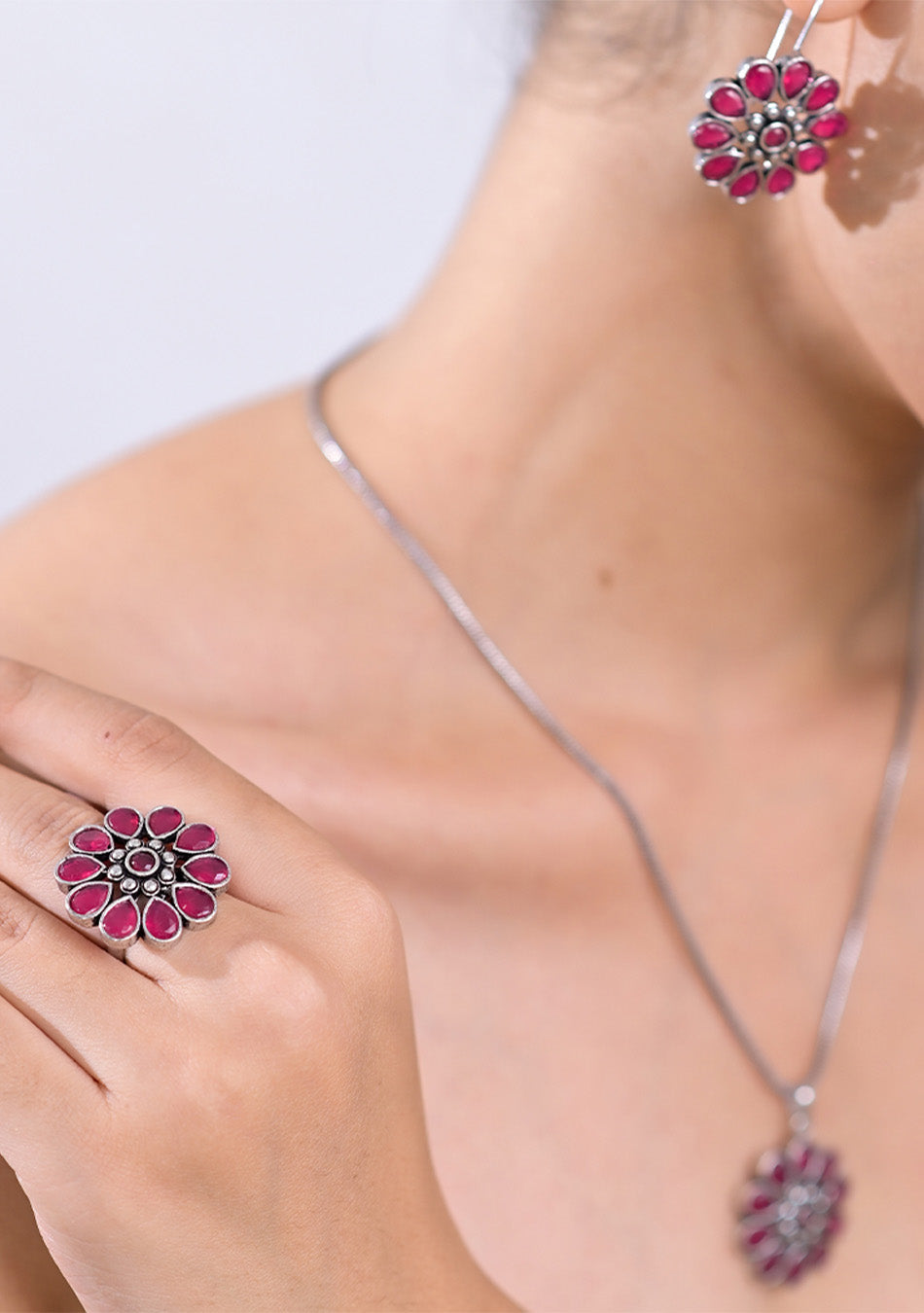 Ruby Blossom Pendant Set