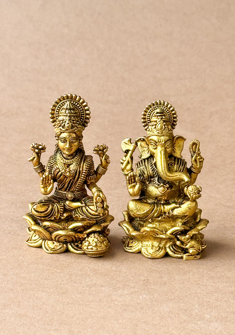 Antique Brass Lotus Base Lakshmi Ganesha Pair