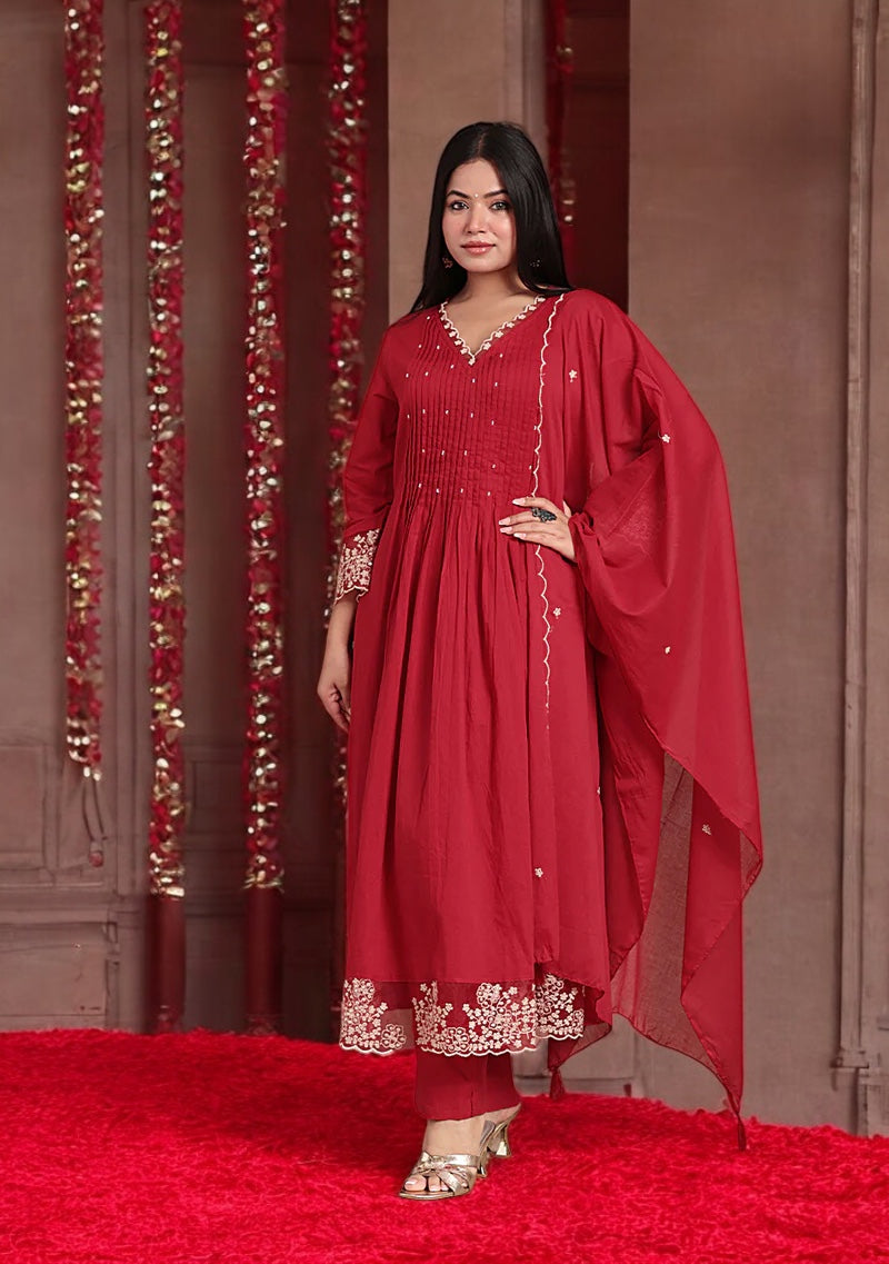 Crimson Elegance Embroidered Suit Set