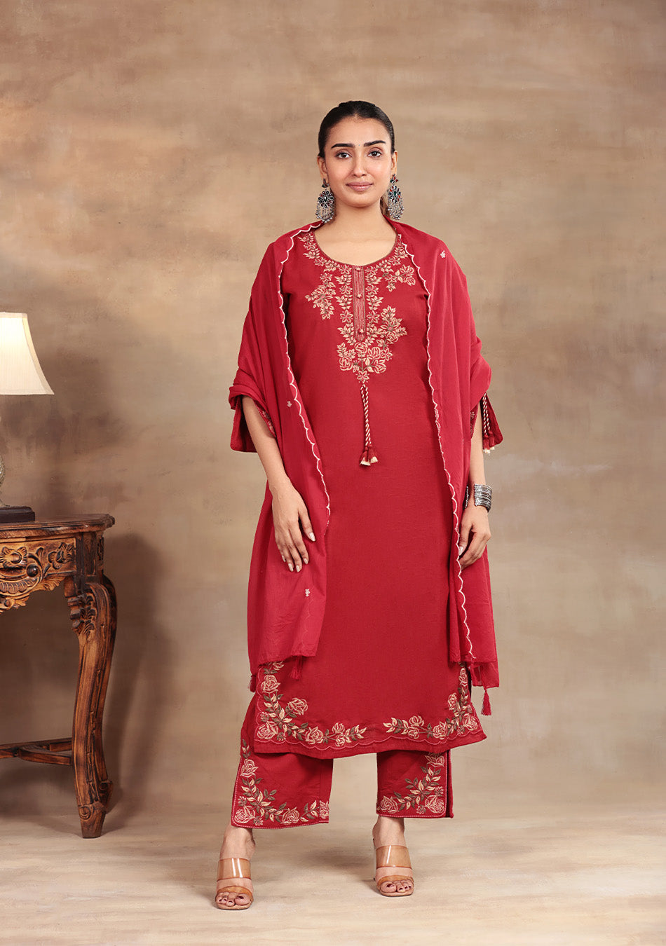 Crimson Rose Embroidered Suit Set