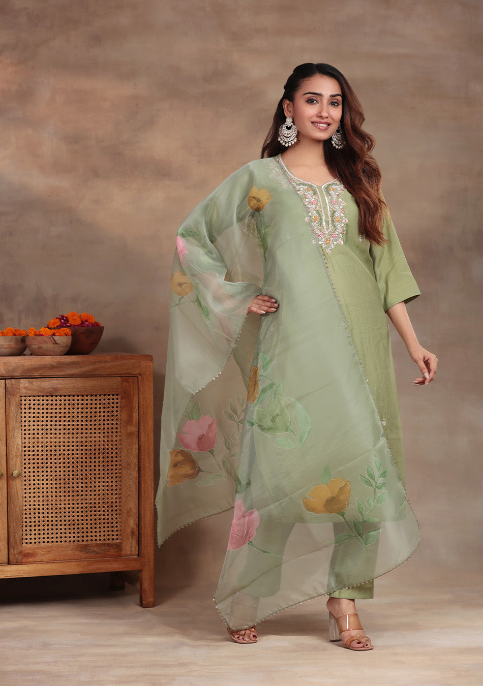 Pista Green Embroidered suit set
