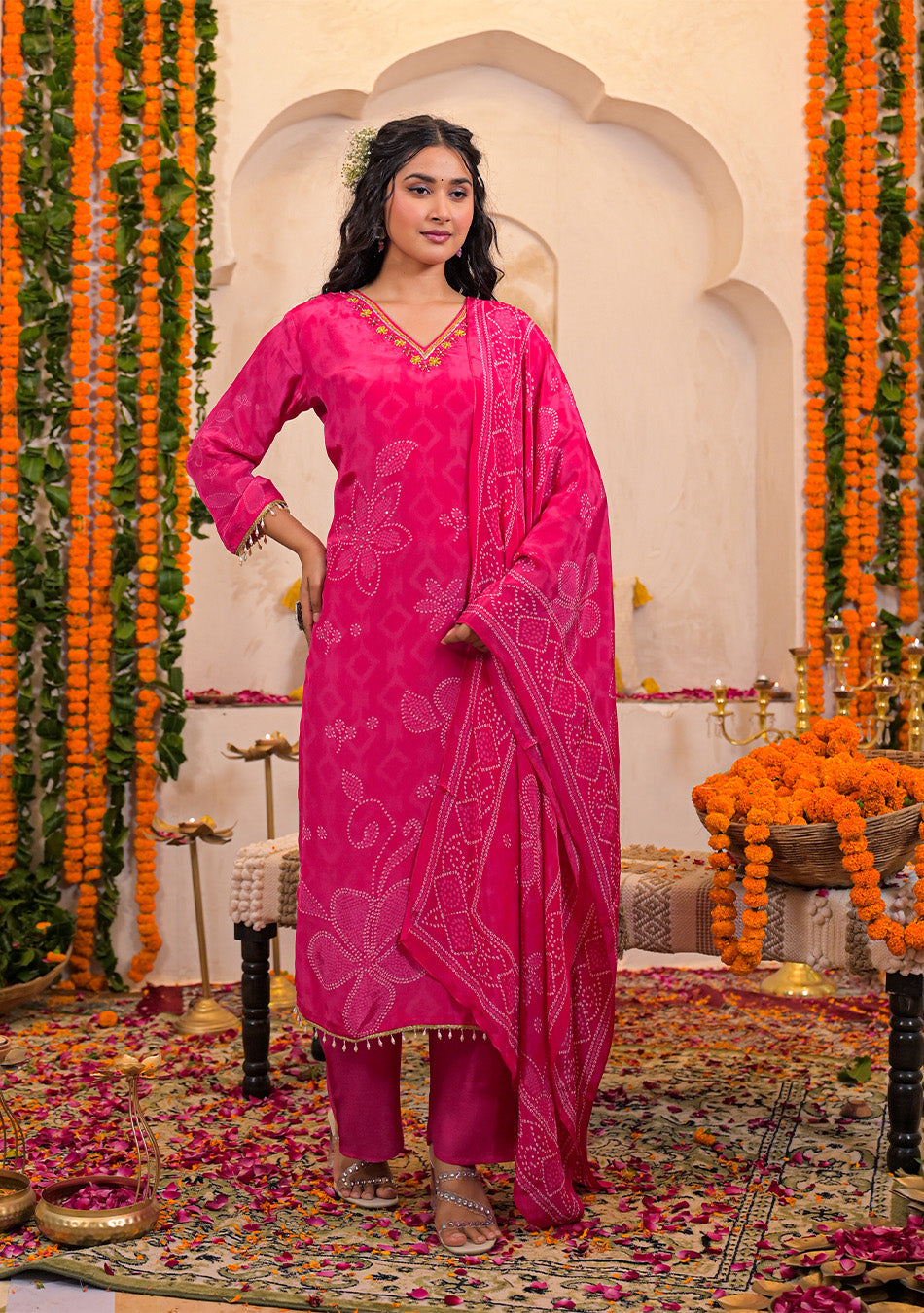 Fuchsia Bloom Crepe Suit Set