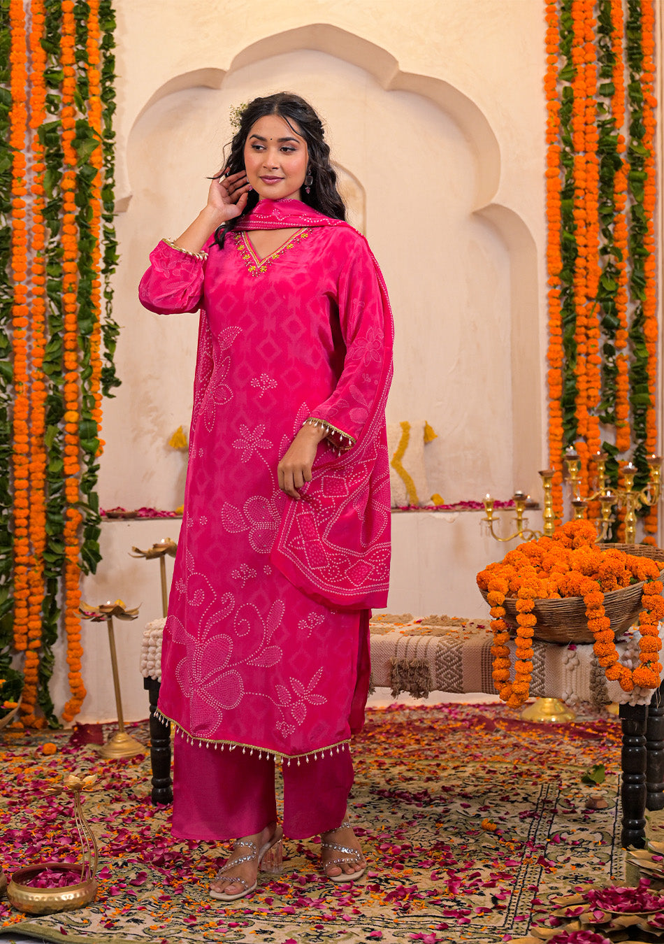 Fuchsia Bloom Crepe Suit Set