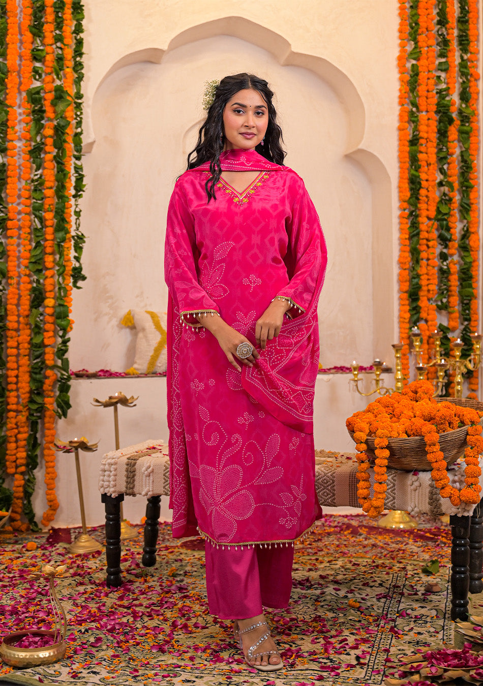 Fuchsia Bloom Crepe Suit Set