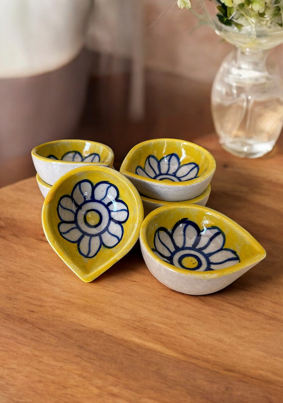 Yellow Floral Diyas Set of 6