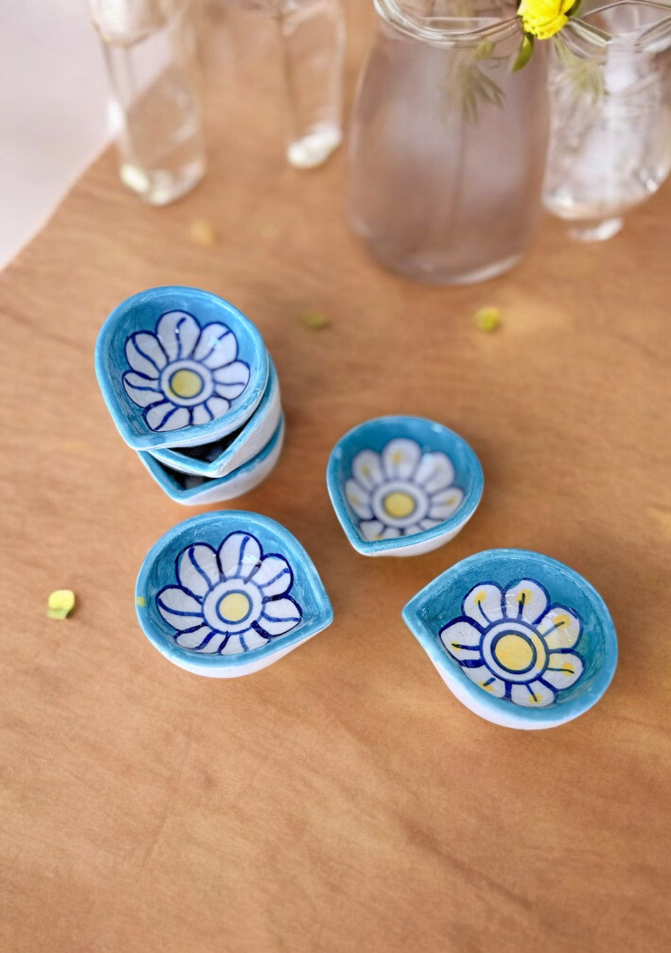 Blue Floral Diyas Set of 6