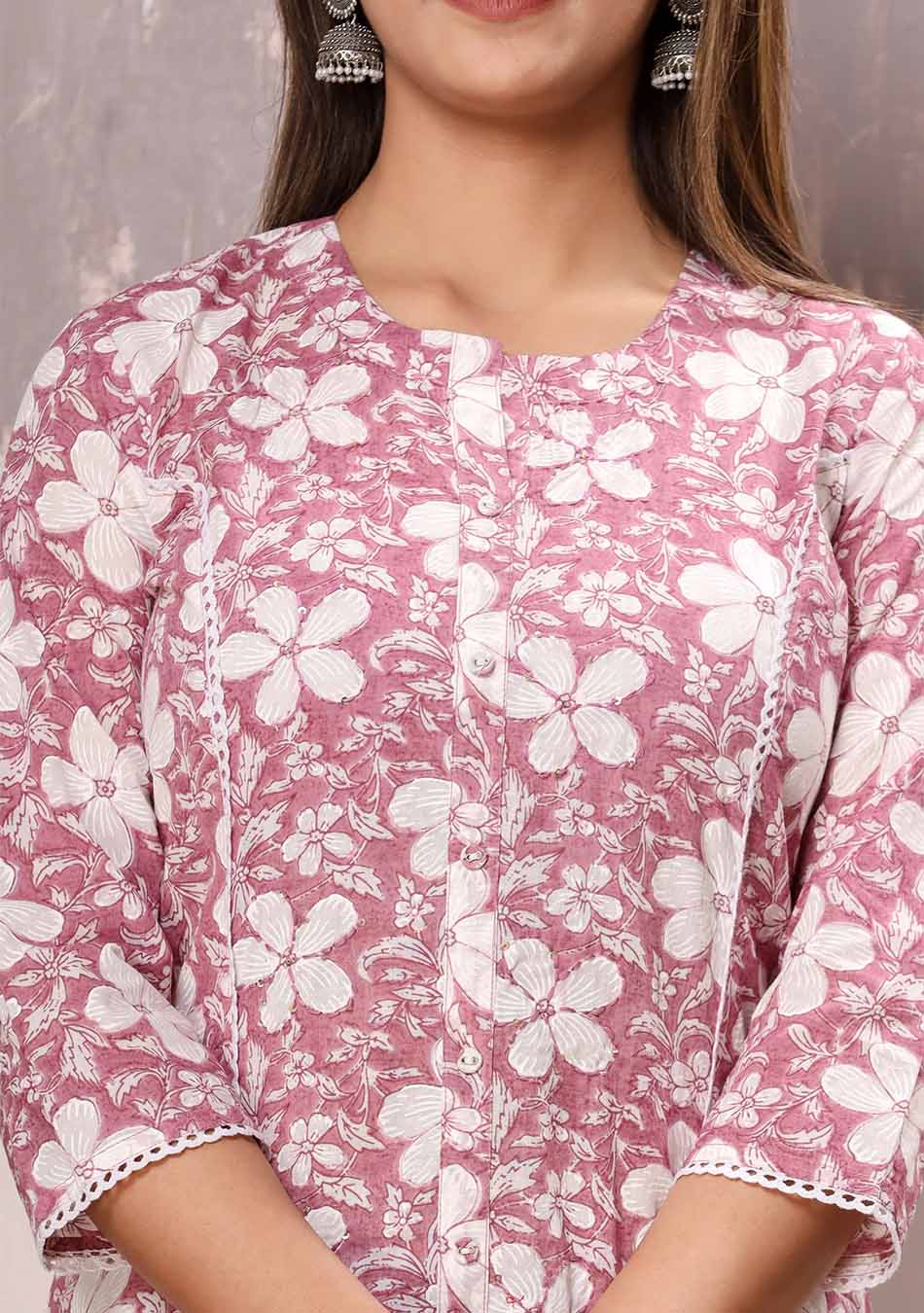 Pink-White Floral Print Kurta Pant Set with Dupatta