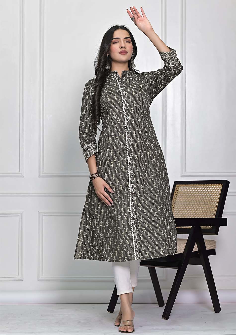 Dark GREY Floral Print Kurta