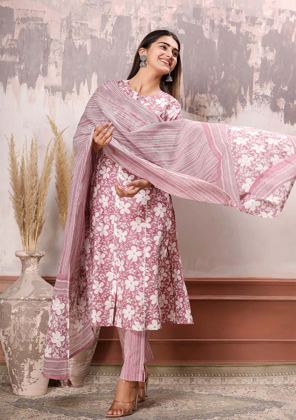 Pink-White Floral Print Kurta Pant Set with Dupatta