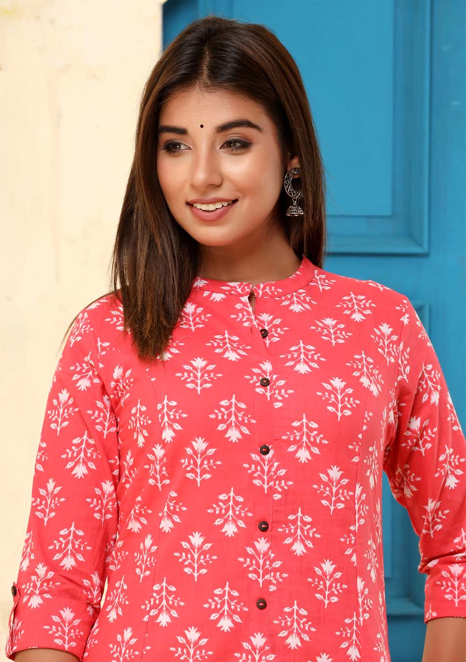 Red & White Floral Print Kurta