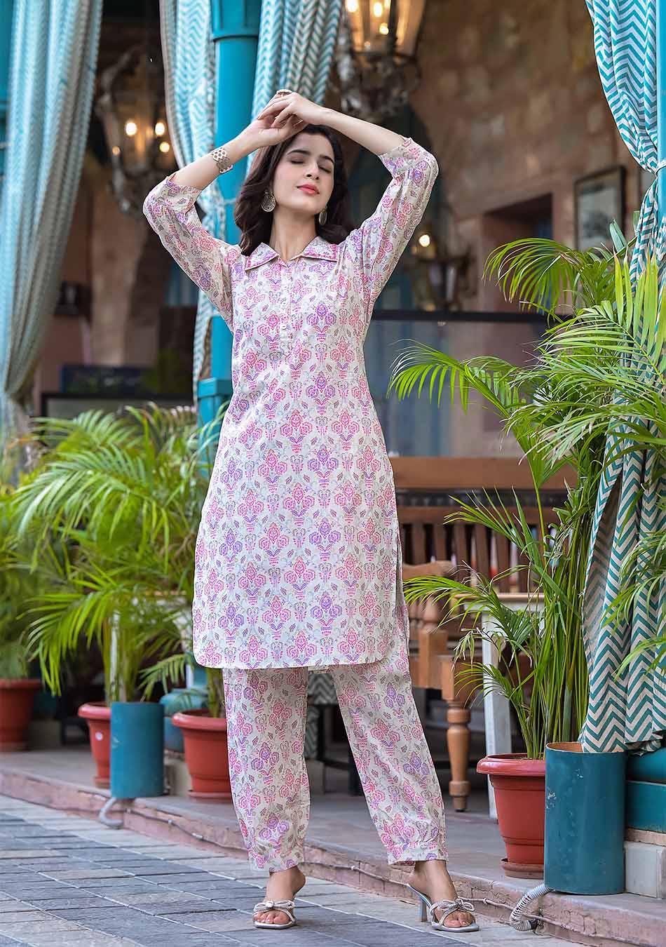 Pink & Purple Floral Print Shirt Style Kurta Hem Cuffed Pant Set
