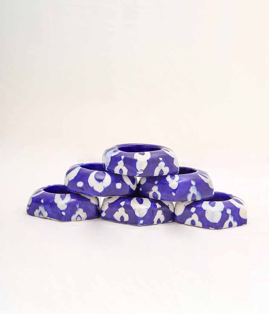 Blue Pottery Hexagon Design Diya - Set of 6