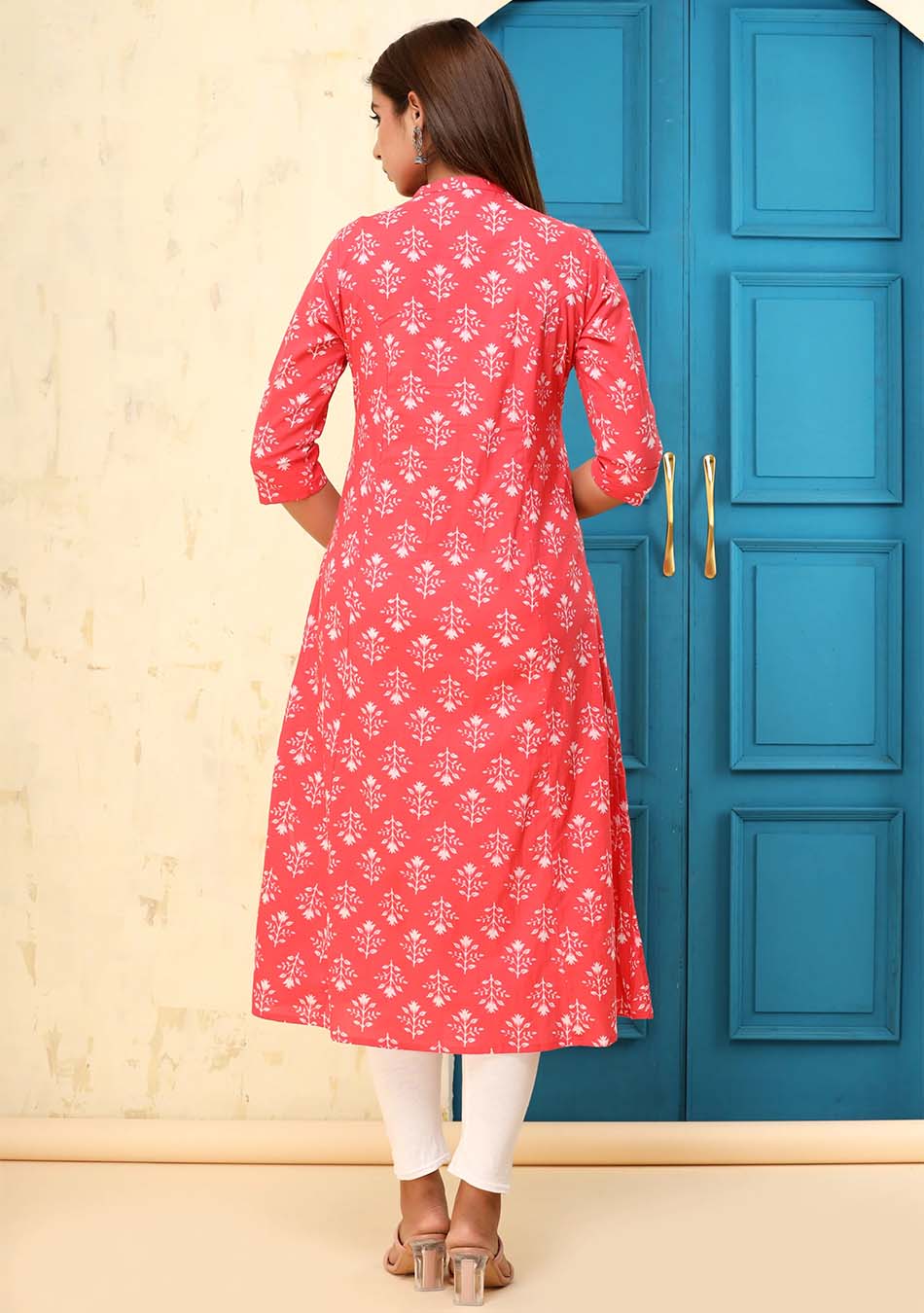 Red & White Floral Print Kurta