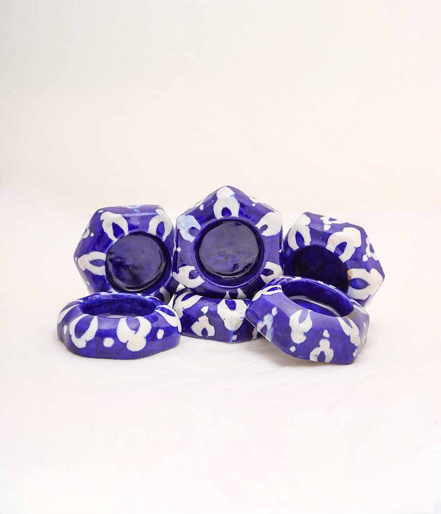 Blue Pottery Hexagon Design Diya - Set of 6
