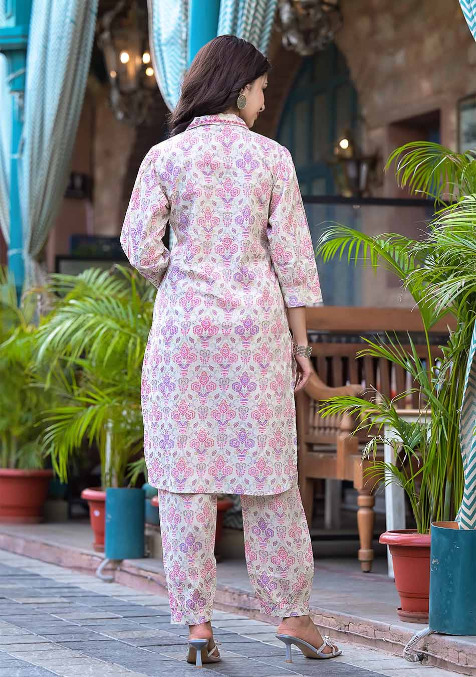 Pink & Purple Floral Print Shirt Style Kurta Hem Cuffed Pant Set