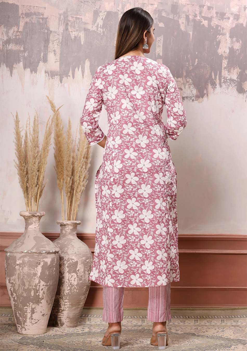 Pink-White Floral Print Kurta Pant Set with Dupatta