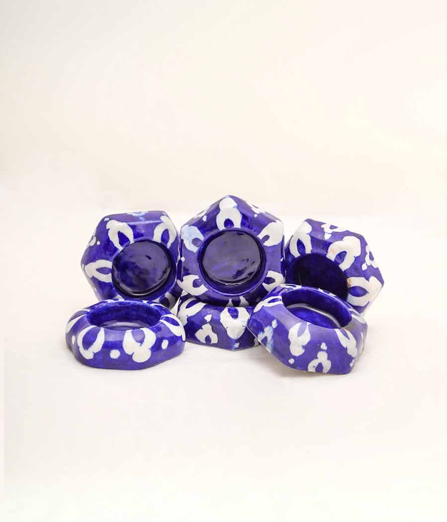 Blue Pottery Hexagon Design Diya - Set of 6