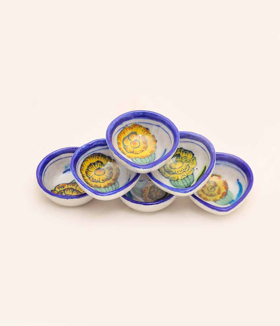 Blue Pottery Traditional Yellow Flower Design Diya - Set of 6