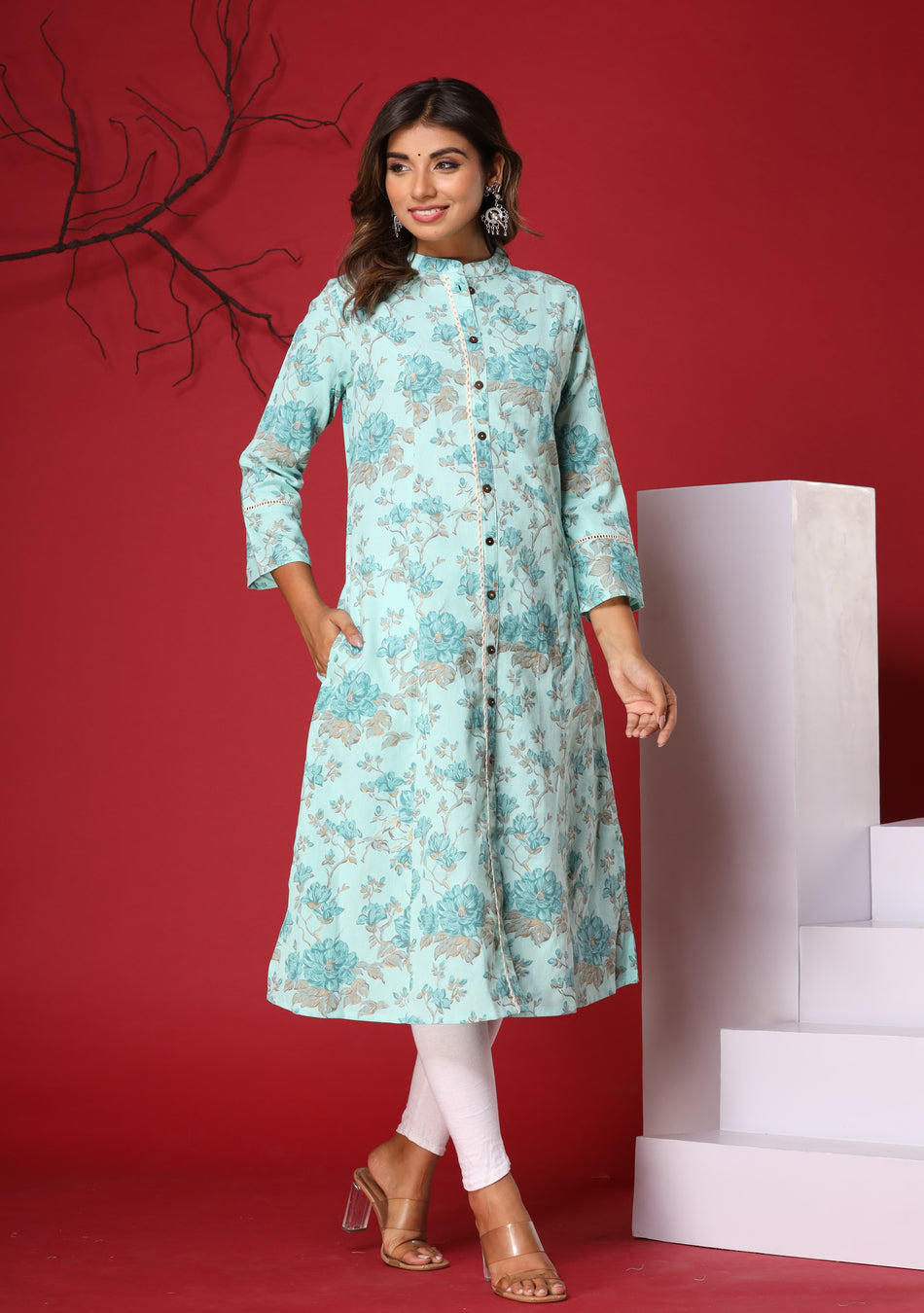 Light Blue Floral Print A-Line Kurta