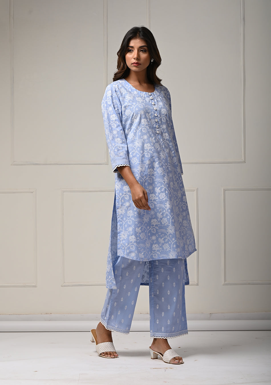 Khadi Print Sky Blue Co-ord Set in Lino Dobby