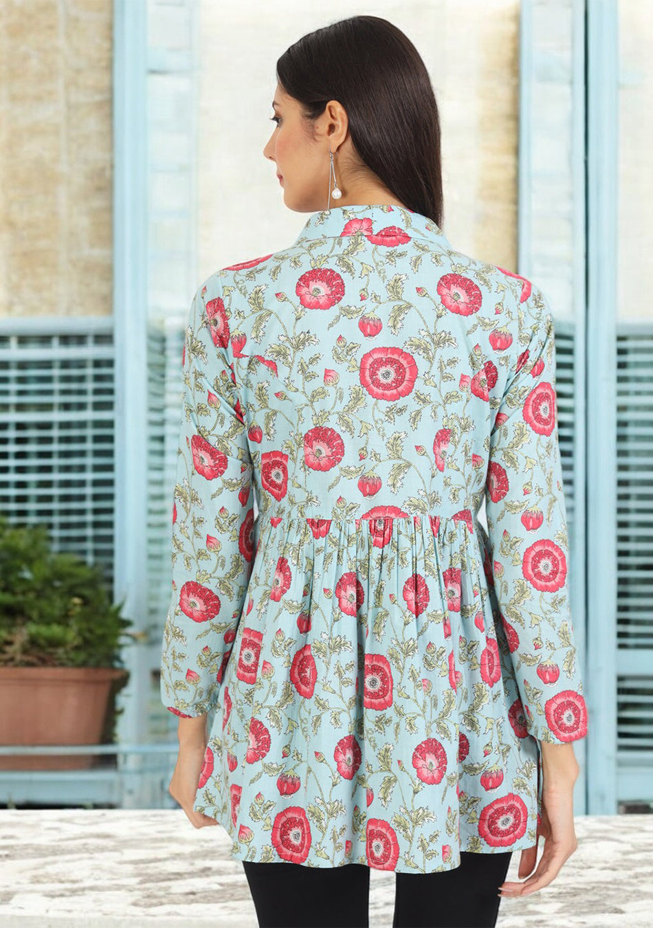 Sky Blue Floral Printed Cotton Top