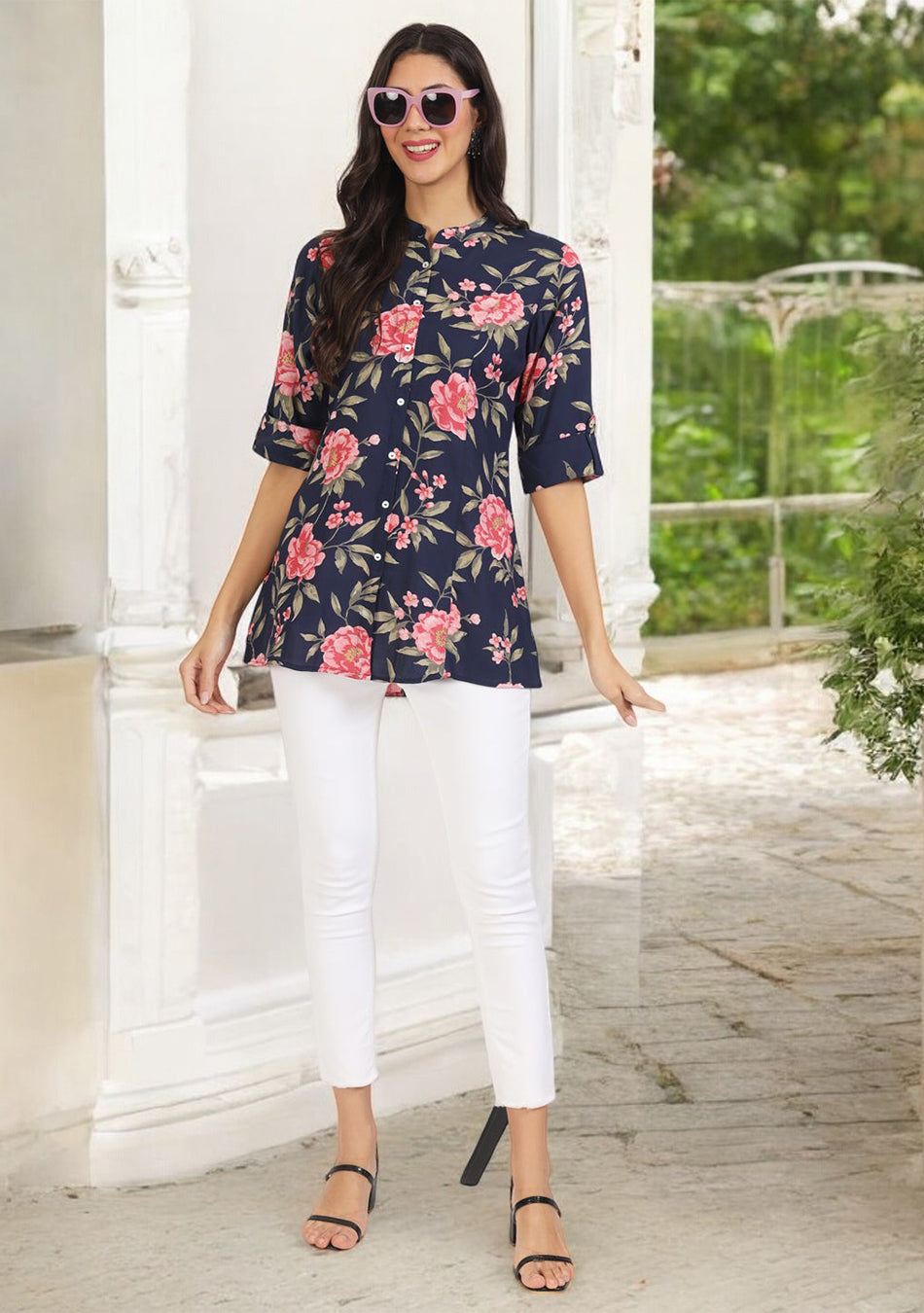 Navy Blue Floral Printed Rayon Top