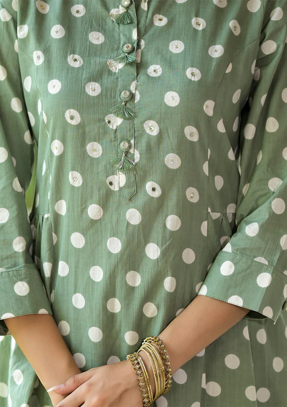 Green Printed Flared cotton Kurta Pant Dupatta Set
