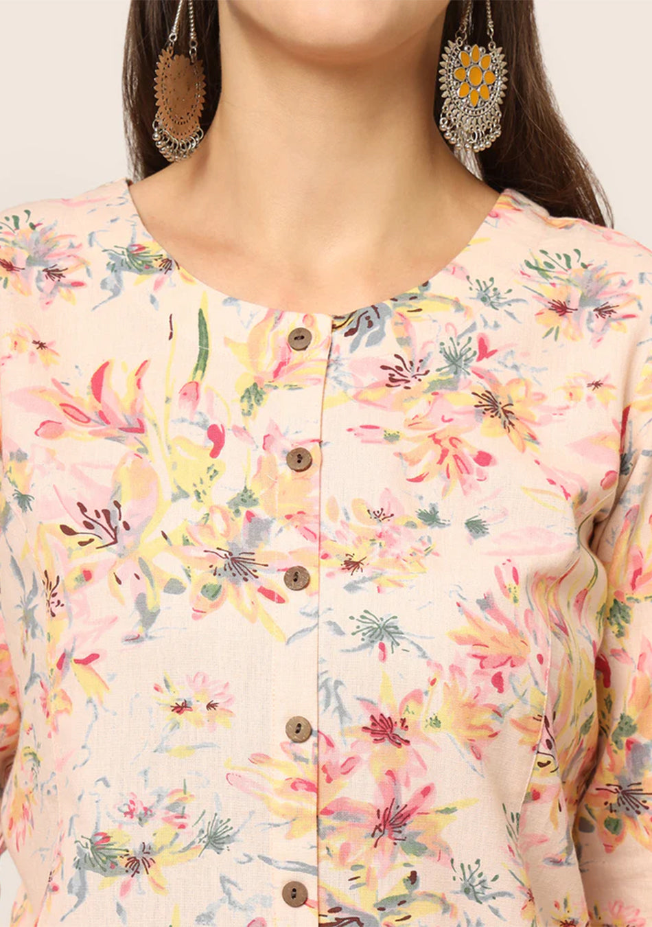 Pink Floral Printed Cotton A-Line Fold Sleeve Kurta