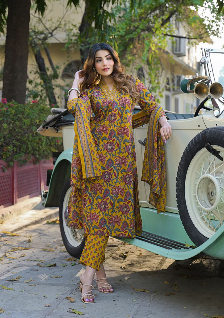 Yellow Floral Print Cotton Fabric A-Line Kurta Pant With Dupatta